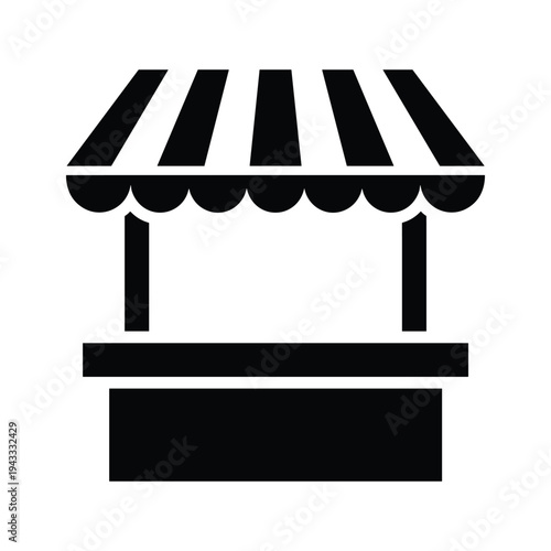 Black and white icon of a market stall or kiosk with awning.