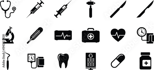 Medical healthcare icons collection with stethoscope syringe scalpel pills heartbeat tooth ecg