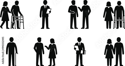 Elderly care and rehabilitation silhouette set featuring senior people with walkers,caregivers healthcare professionals,physical therapy assistane,cand medical consultation icons for geriatric support