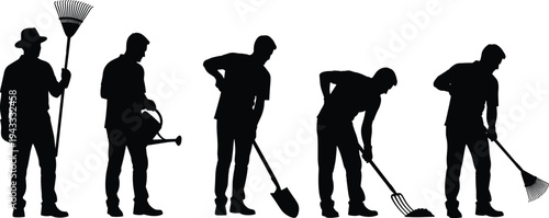 Professional gardener silhouettes set featuring workers using rake, shovel, watering can, and pitchfork for seasonal yard maintenance and landscaping chores.