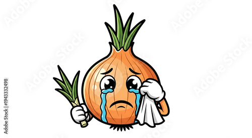 Sad crying cartoon onion character with a tissue wiping tears holding a green sprout conveying sadness despair or pain isolated on a white background representing emotional