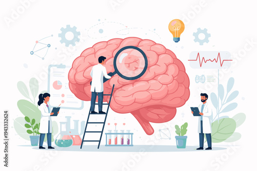 Medical illustration of scientists examining a large human brain with a magnifying glass, representing neurology research, mental health, cognitive science, and psychological study concept.