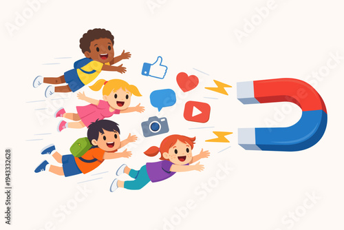 Vector Illustration of Diverse Children and Social Media Icons Being Attracted by a Large Horseshoe Magnet, Representing Digital Marketing Strategies for Targeting Young Audiences and Kids Online