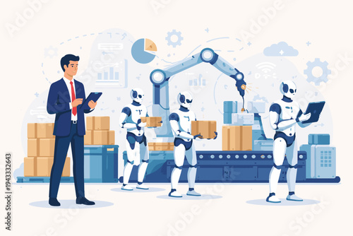 Industrial automation concept with businessman supervising humanoid robots and robotic arm in a smart factory, future of manufacturing, logistics, and human-robot collaboration vector illustration