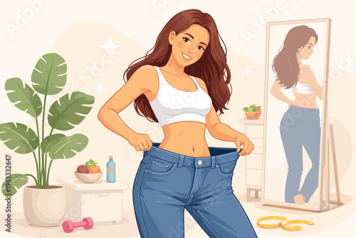 Young Woman Celebrating Weight Loss Success by Trying on Oversized Old Jeans in Front of a Mirror, Healthy Lifestyle Concept with Fitness Equipment and Nutritious Food, Flat Vector Illustration