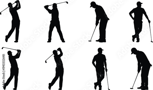 Golf player silhouette set golfer swinging club vector isolated on white background sport leisure activity professional man playing game tournament icon illustration