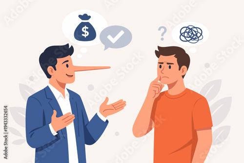Dishonest Businessman with Long Nose Telling Lies about Money to Skeptical Man. Concept of Fraud, Deception, Financial Scams, and Psychology of Lying. Flat Vector Illustration for Web and Print.