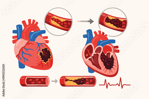 Medical illustration of a heart attack and atherosclerosis showing plaque buildup in a coronary artery, blood clot formation, and damaged heart muscle tissue in a human heart anatomy diagram.
