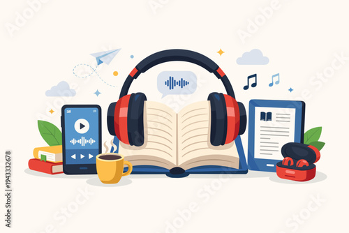 Modern Audiobook Concept Vector Illustration with Open Book, Headphones, Smartphone, E-reader, and Coffee. Flat Design for Digital Reading, Online Education, Podcasts, and Storytelling Content.
