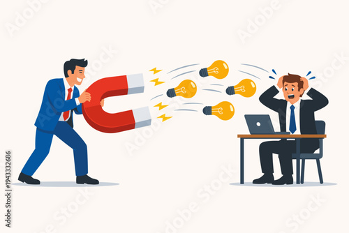 Vector Illustration of a Businessman Using a Large Magnet to Steal Creative Ideas and Light Bulbs from a Shocked Rival Colleague at a Desk, Representing Intellectual Property Theft and Plagiarism.