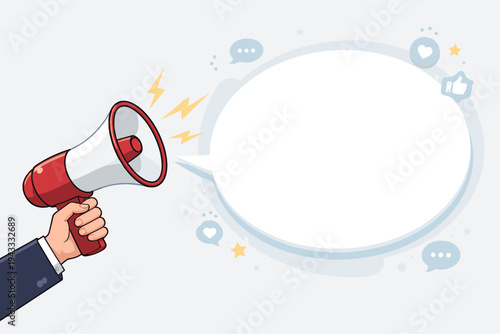 Businessman hand holding a red megaphone with a large empty speech bubble for social media marketing announcements, digital communication, advertising, and promotion background vector illustration.