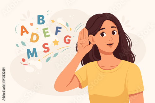 Vector illustration of a young woman cupping her hand to her ear to listen intently to floating colorful alphabet letters, symbolizing language acquisition, phonics, and communication skills.