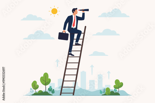 Businessman Climbing a Ladder with a Telescope for Future Vision and Career Growth Perspective. Flat Vector Illustration of Ambition, Success, Leadership, and Strategic Planning in Business.