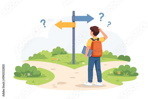 Flat Vector Illustration of a Young Student with a Backpack at a Fork in the Road, Looking at a Directional Signpost with Question Marks, Concept of Making Important Life and Career Decisions.