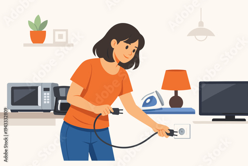 Vector illustration of a young woman unplugging electrical appliances from a wall socket to save energy and reduce electricity bills at home, featuring a microwave, coffee maker, and iron.