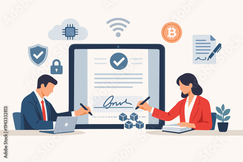 Business People Signing a Smart Contract on a Digital Tablet with Blockchain Technology, Bitcoin, Cloud Computing, and Security Icons. Professional Flat Vector Illustration for Fintech and Law.