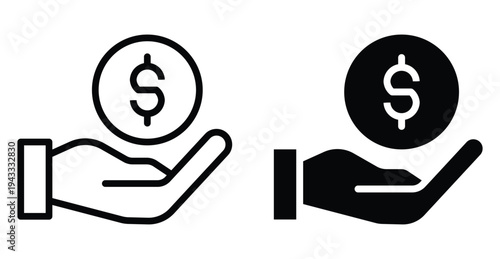 Hand Holding Dollar Coin Icon in Black and White for Financial Use