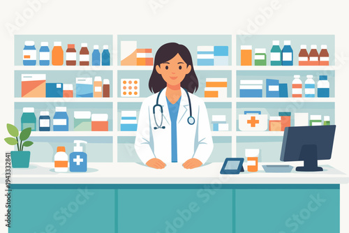 Female Pharmacist in White Coat with Stethoscope Standing Behind Pharmacy Counter with Shelves of Medicine Bottles and Healthcare Products, Flat Vector Illustration for Medical Services.