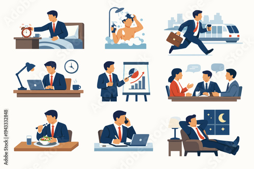 Daily Routine of a Busy Businessman Vector Illustration Set Featuring Scenes of Waking Up, Showering, Commuting, Working at Office, Giving Presentation, Meeting, Eating Lunch, and Relaxing at Night