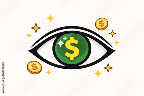 Greedy Eye with Dollar Sign in Pupil Flat Vector Illustration Representing Money Obsession, Wealth, Profit, Financial Vision, Capitalism, and Success with Gold Coins and Sparkles on Light Background