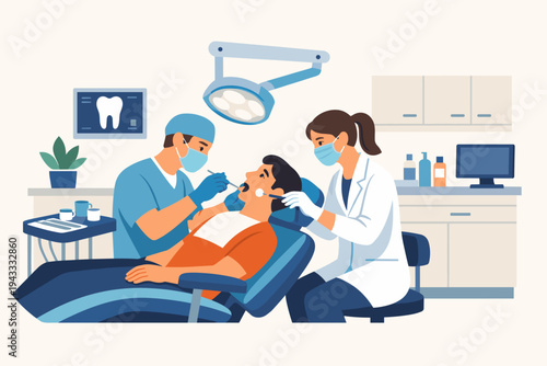 Flat vector illustration of a professional dentist and assistant treating a male patient in a modern dental clinic office with medical equipment, dental chair, lamp, and X-ray tooth monitor.