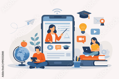 Online Education and E-learning Concept via Mobile Application with Students Learning Remotely Using Smartphone, Tablet, and Laptop. Flat Vector Illustration of Digital Classroom and Distance Study.