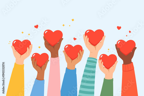 Diverse Hands Raised Holding Red Hearts for Charity, Donation, and Community Support. Flat Vector Illustration of People Sharing Love, Kindness, and Unity in Social Care and Volunteering Work.