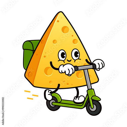 Cute cheese mascot delivering food on electric scooter
