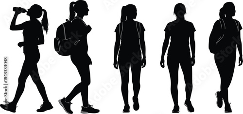 Set of young woman silhouettes featuring student with backpack, girl drinking water, and active females walking for lifestyle and fitness.