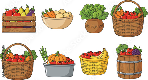 Fresh Organic Vegetable And Fruit Harvest Set In Wicker Baskets Wooden Crate And Barrel For Farmers Market Vector Illustration.