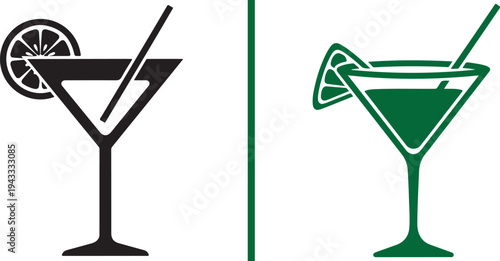 Two minimalist martini icons separated by a vertical green line. The left features a black outline with a lemon slice and straw; the right is a solid dark green silhouette with a lime garnish.