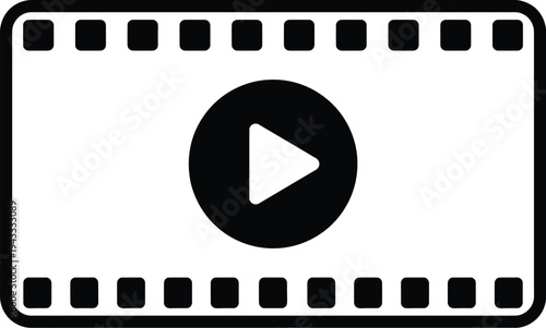 Black and white vector icon depicting a film strip with a central play button, symbolizing video, movies, or multimedia content.