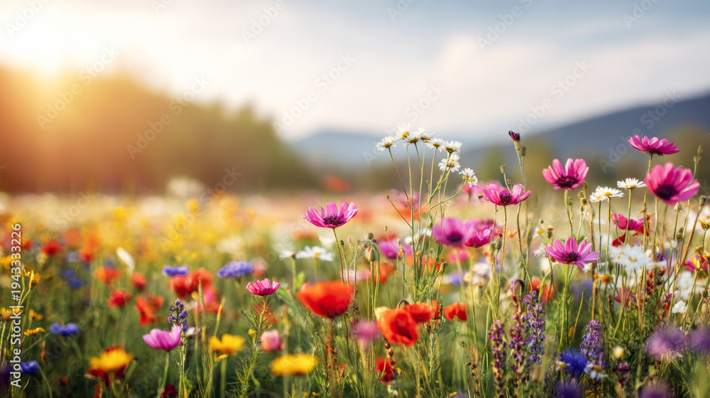 Obraz premium Blooming meadow filled with a variety of vibrant wildflowers and poppies, catching warm golden sunlight at dawn