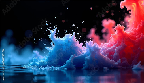 A vibrant art illustration of colorful paint splashes and liquid motion waves creates a beautiful vector pattern with blue water drops isolated on a white background