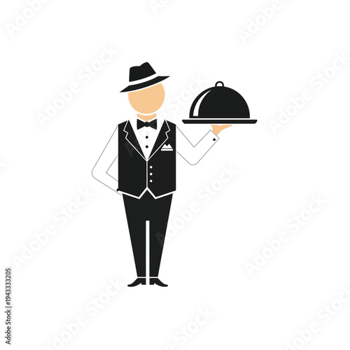 A stylized waiter icon presents a covered dish on a silver platter