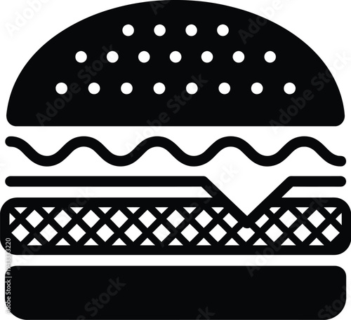 Black and white silhouette icon of a classic hamburger with bun, patty, cheese, and sauce.