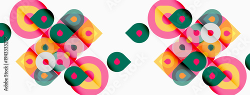 Abstract geometric pattern. Overlapping squares, circles, pink, green, orange hues create dynamic composition. Modern design element.