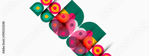Abstract colorful shapes overlap, creating dynamic composition. Circles, squares, rectangles form playful pattern. Bright hues dominate white background.