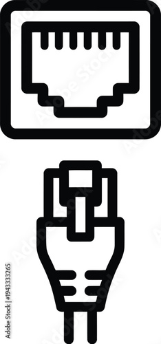 An icon illustrating an Ethernet network port and a compatible RJ45 cable connector for internet connectivity.