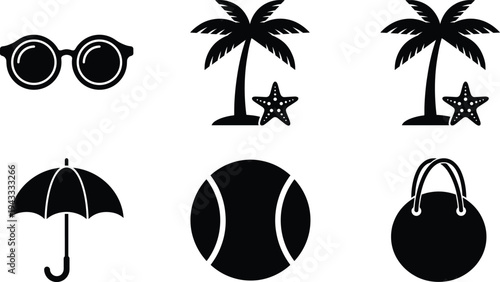 Summer beach vacation silhouette icon set featuring palm trees, sunglasses, starfish, sun umbrella, beach ball, and stylish tote bag for tropical travel designs