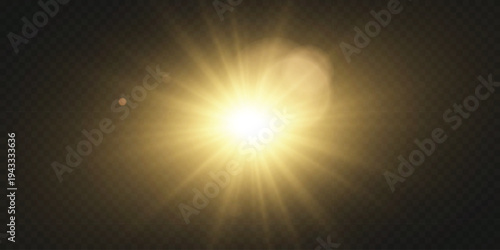 Vector sunlight glare with sun rays, lens flare and glowing light overlay