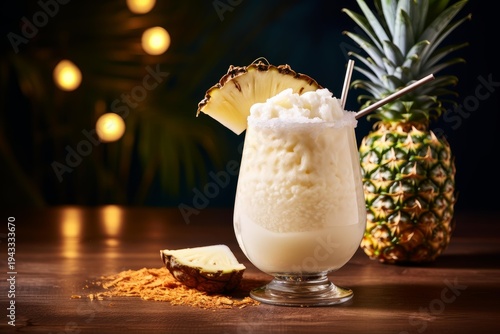 Refreshing tropical drink with pineapple and coconut on a dark background