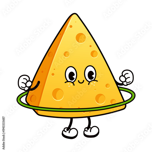 Cute cheese character hula hooping doing fitness exercise