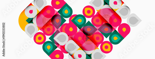 Abstract geometric shapes form heart outline. Vivid colors, overlapping squares, circles create playful design. Modern, bright composition.