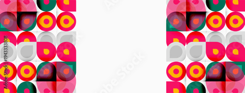 Bright pattern features repeating circles, squares. Pink, orange, green hues dominate design. White space provides contrast.