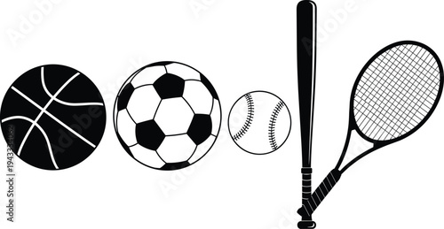 Sports equipment icon set featuring basketball, soccer ball, baseball, bat, and tennis racket silhouettes for athletic competition and fitness designs.