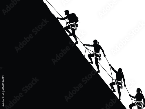 Silhouette of mountain climbers ascending steep cliff with ropes representing teamwork, leadership, overcoming challenges, business growth, and extreme outdoor adventure sports.