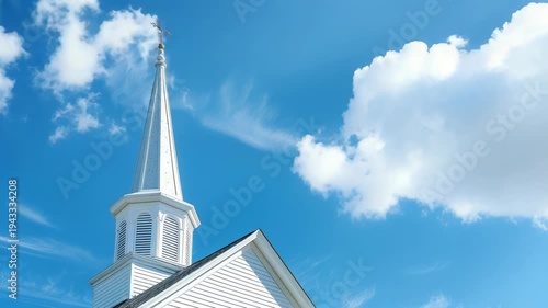 White church steeple against blue sky with clouds