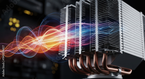 Close-up of a computer CPU cooler with heat flow visualization in a dark background.