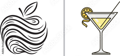 Stylized vector art featuring a black line art apple with bold wavy curves alongside a cocktail glass with a yellow garnish. A clean vertical grey line separates the two modern icons.